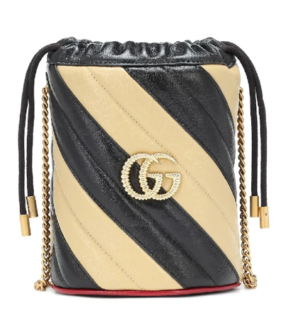 Gucci Gg Marmont Mini Leather Bucket Bag In Black Diagonal Beige