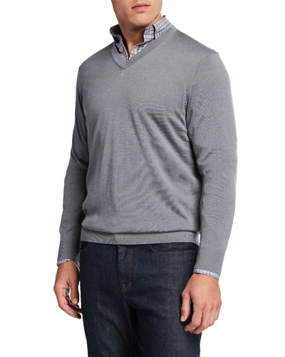 Neiman Marcus Men's Merino/silk V-neck Sweater In Gray