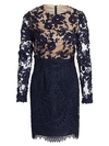 ml Monique Lhuillier Calypso Long Sleeve Lace Cocktail Dress In Navy Nude