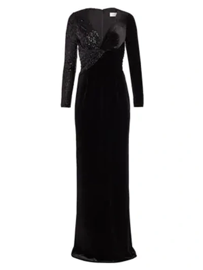 Teri Jon By Rickie Freeman Stretch-velvet Sequin Gown In Black