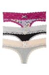 Honeydew Intimates Ahna 3-pack Lace Thong In Hthr Grey/ Black/ Orchid Tint