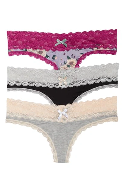 Honeydew Intimates Ahna 3-pack Lace Thong In Hthr Grey/ Black/ Orchid Tint