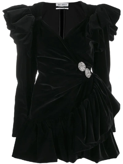 Attico Ruffled Embellished Wrap-effect Cotton-velvet Mini Dress In Black