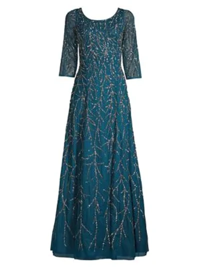 Aidan Mattox Beaded Scoop-neck 3/4-sleeve A-line Gown In Teal