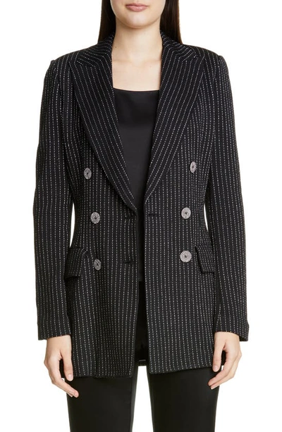 St John Evening Paillette Pinstripe Double-breasted Notch-collar Jacket In Caviar