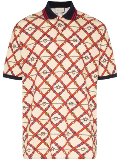 Gucci Belt Chess Print Short Sleeve Pique Polo In Neutrals