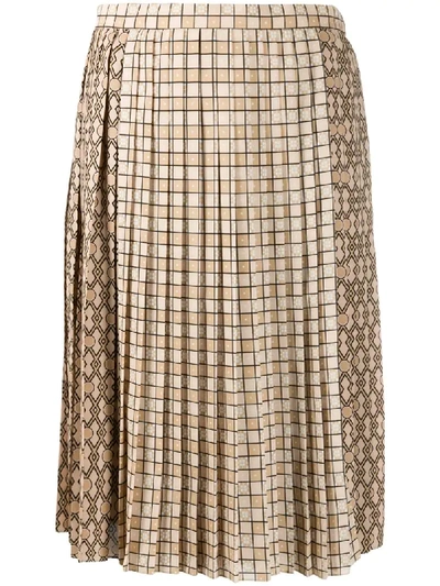 Burberry Contrast Graphic Print Pleated Skirt In Nude