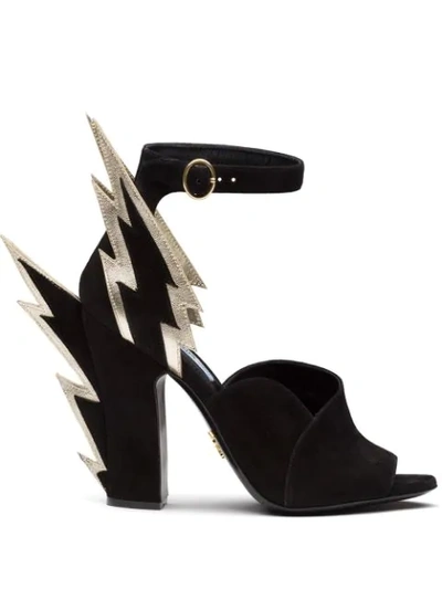 Prada 105 Metallic Textured Leather-trimmed Suede Sandals In Nero Gold