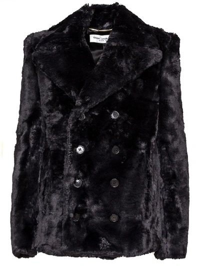 Saint Laurent Double-breasted Faux Fur Jacket In Black