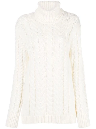 Tibi Buckle Cutout Back Cable Knit Turtleneck Sweater In Ivory