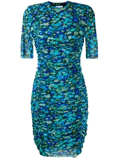 Ganni Ruched Floral-print Stretch-mesh Dress In Blue