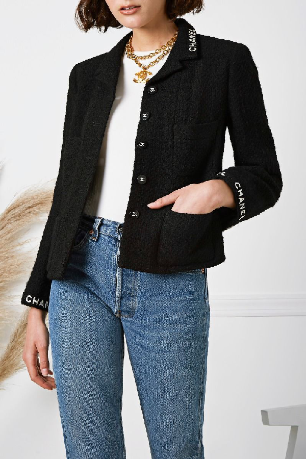 Chanel Pre-fall 1995 Black Tweed Logo Blazer | ModeSens