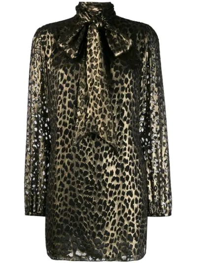 Saint Laurent Lame Leopard Burnout Long Sleeve Silk Blend Shift Dress In Noir Or Metal