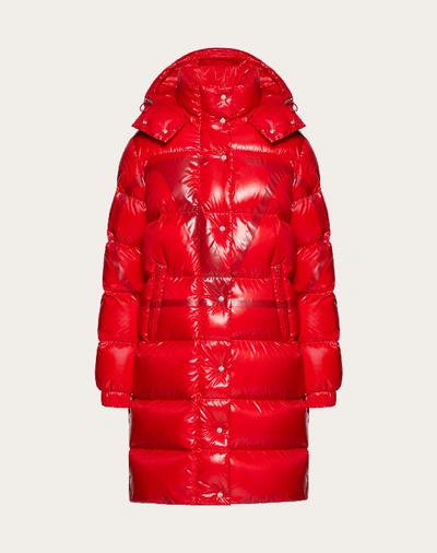Valentino Moncler Vlogo Lacquered Nylon Long Padded Jacket In Red