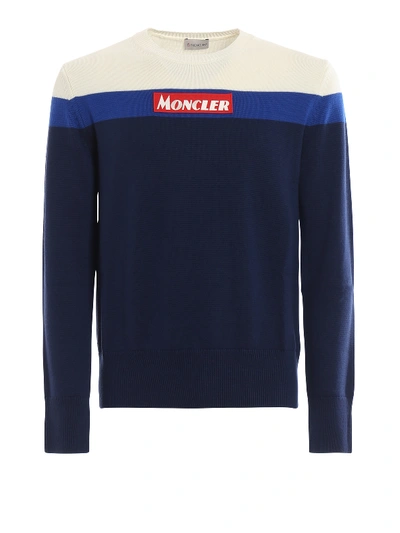 Moncler Crewneck Colour Block Virgin Wool Jumper In Blue