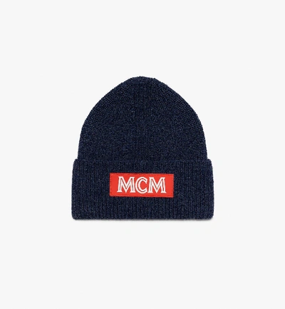 Mcm Logo Patch Wool Beanie In Deep Blue Sea