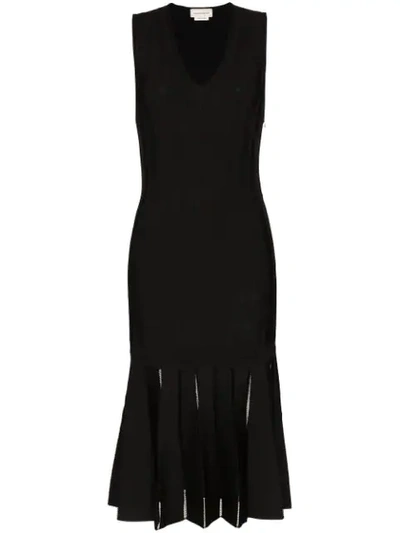 Alexander Mcqueen Flared Jersey Knit Midi Dress In Black