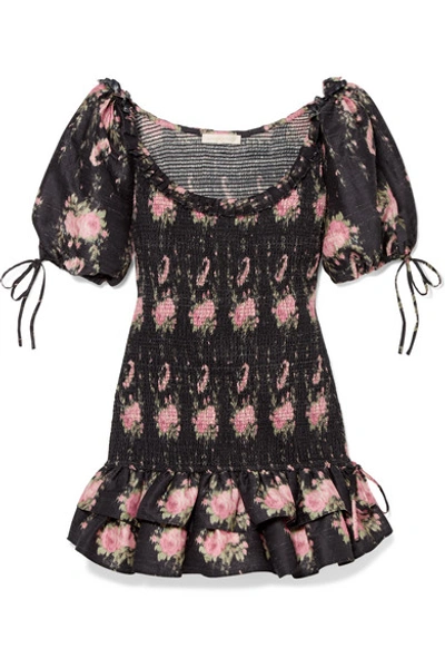 Loveshackfancy Violet Smocked Ruffled Floral-print Silk-voile Mini Dress In Black