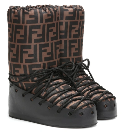 Fendi Printed Shell And Leather Snow Boots In Black