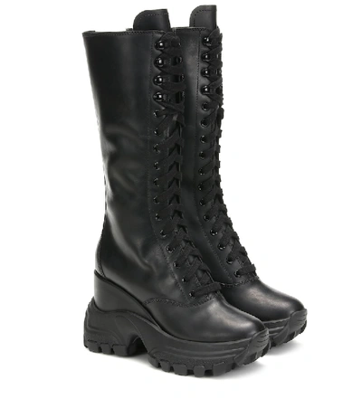 Miu Miu Lace-up Leather Boots In Black