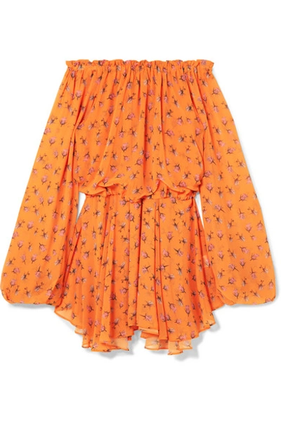 Rotate Birger Christensen Off-the-shoulder Floral-print Chiffon Mini Dress In Orange