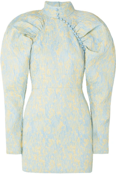Rotate Birger Christensen Button-detailed Ruched Crinkled-jacquard Mini Dress In Sky Blue