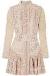 ZIMMERMANN SABOTAGE CROCHET-TRIMMED FLORAL-PRINT SILK-GEORGETTE AND LACE MINI DRESS