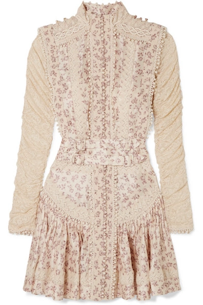 Zimmermann Sabotage Crochet-trimmed Floral-print Silk-georgette And Lace Mini Dress In Ivory