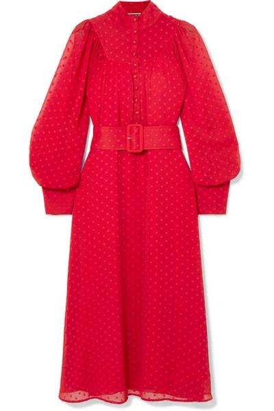 Rotate Birger Christensen Belted Fil Coupé Chiffon Midi Dress In Red