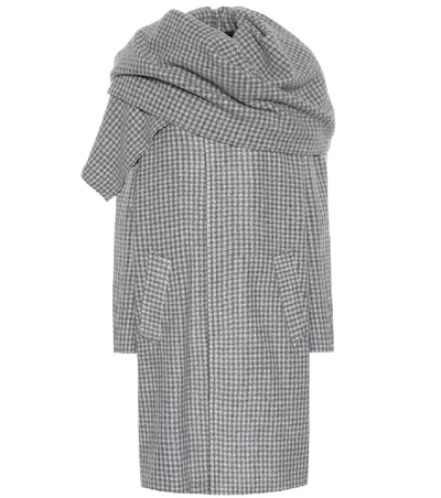 Balenciaga Houndstooth Wool Blend Coat With Oversize Scarf In Medium Grey