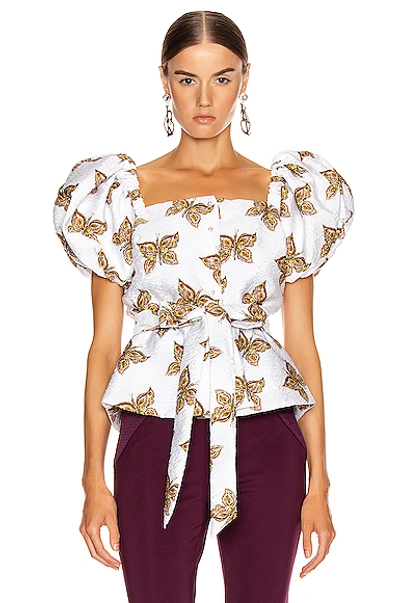 Rodarte Butterfly-print Belted Cloqué Blouse In White