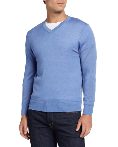 Neiman Marcus Men's Merino/silk V-neck Sweater In Blue