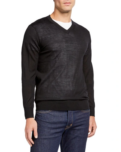 Neiman Marcus Men's Merino/silk V-neck Sweater In Black
