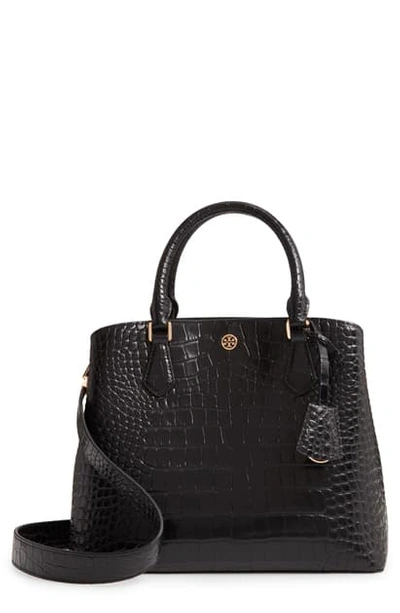 Tory Burch Robinson Crocodile-embossed Medium Leather Satchel In Black/gold