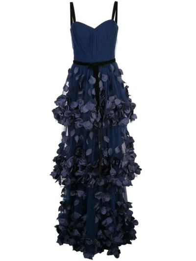 Marchesa Notte Bustier Petals Appliqué Gown In Blue