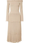 ALTUZARRA ALISHA OFF-THE-SHOULDER PLEATED KNITTED MIDI DRESS