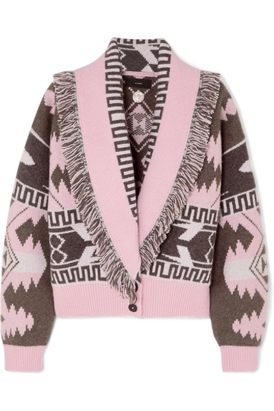 Alanui Icon Fringed Cashmere And Wool-blend Jacquard Cardigan In Pink