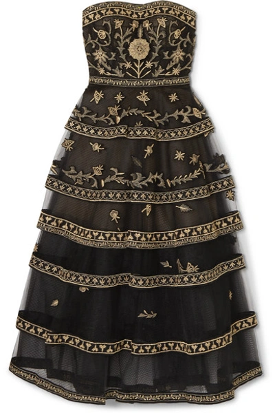 Oscar De La Renta Strapless Tiered Embroidered Tulle Gown In Black/gold
