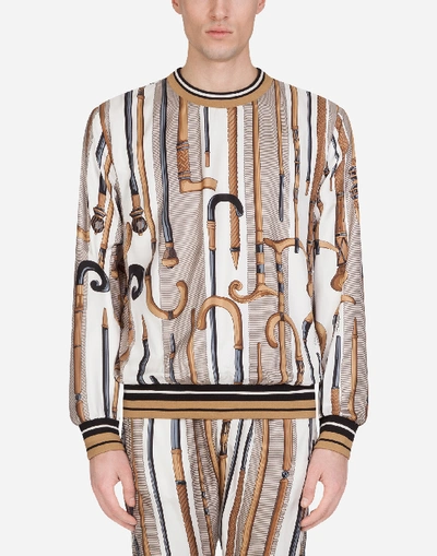 Dolce & Gabbana Silk Sweatshirt With Walking-stick Print In Brown