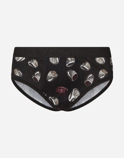 Dolce & Gabbana Cotton Jersey Brando Briefs With Ring Print In Black