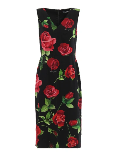 Dolce & Gabbana Rose Print Silk Sleeveless Sheath Dress In Black