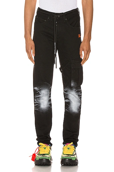Off-white Men's Denim Trousers With Bleached Knees & Diagonal Stripes In Black