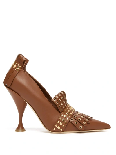 Burberry Studded Kiltie Fringe Leather Point-toe Pumps In Brown