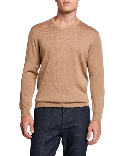 Neiman Marcus Men's Merino/silk V-neck Sweater In Camel