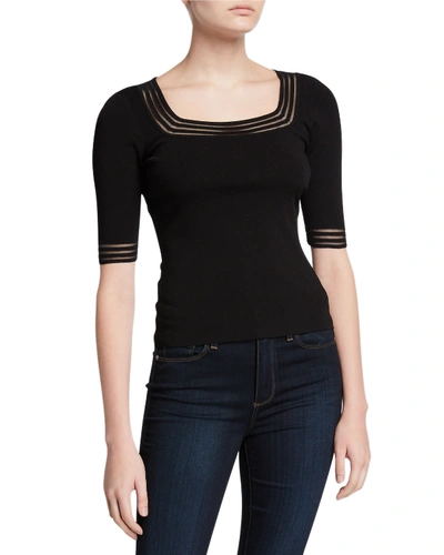 Milly Square-neck Elbow-sleeve Transparent Stripe Sweater In Black