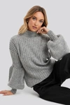TRENDYOL HIGH NECK PUFF SLEEVE KNITTED SWEATER - GREY