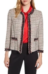 ANNE KLEIN FRINGE DETAIL COLLARLESS TWEED JACKET,10733540