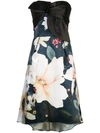 MARCHESA NOTTE DRAPED FLORAL-PRINT CORSET DRESS