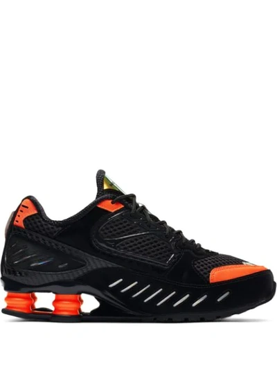 Nike Shox Enigma Mesh And Iridescent Faux Leather Trainers In Blk/crimson
