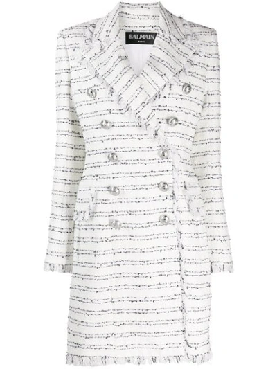Balmain Striped Tweed Double-breasted Coat In White
